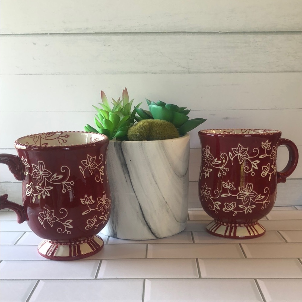 Set of Two Red Floral Ceramic Mugs
